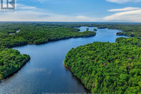 Aerial view of a lakefront property with surrounding forests and islands - 87 Millies Road Seguin