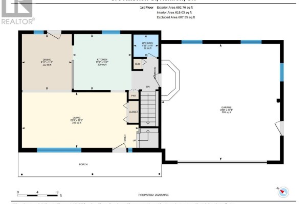 Floor plan of 876 Hillsview St, Renfrew, ON showing living room, dining room, kitchen, bath, and garage.