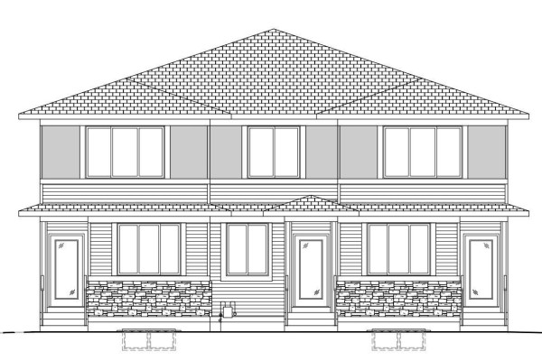 Architectural drawing of a duplex exterior showing symmetry with two entrances and stone base detailing. - 8785 Edgemont Li Nw, Edmonton