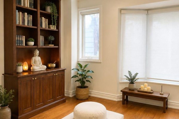 Room with wooden bookcase, meditation cushion, and plants. - 884 College Street, Toronto