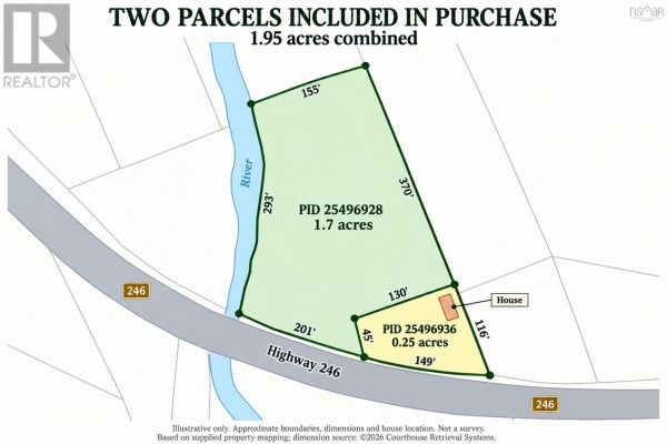 Map showing two parcels of land, 1.7 acres and 0.25 acres, totaling 1.95 acres. - 889 Highway 246, Wentworth