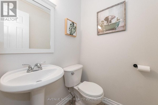 Powder room with a white pedestal sink, toilet, and decorative elephant artwork. - 89 Silverlace Private, Ottawa