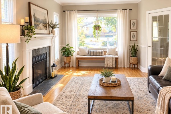 Living room fireplace, window seat, hardwood floors, and textured rug. - 8907 83 Av Nw, Edmonton