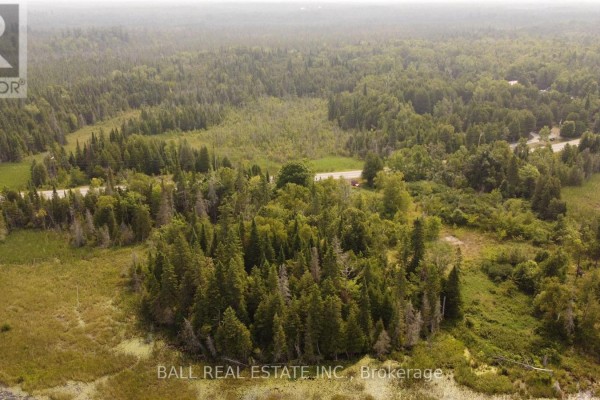 Expansive aerial view of a vast forested area with wetlands and a road. - 892 County Rd 40, Douro Dummer