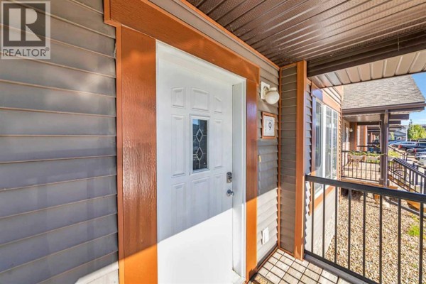 Close-up view of townhouse entrance door number 9 with decorative windowpane. - 9, 4738 13 Street, Lloydminster