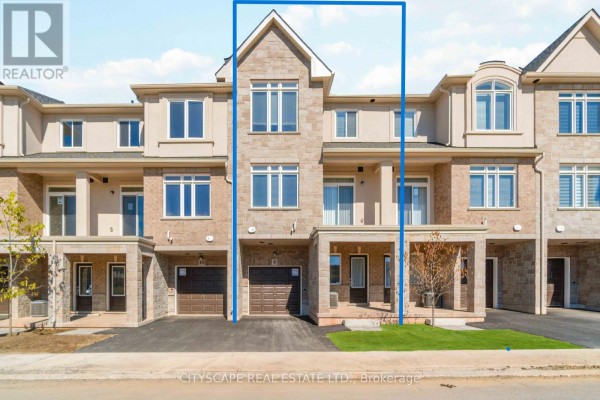 Exterior of a stone and beige townhouse, number 9, highlighted with a blue outline. - 9 - 40 Zinfandel Drive, Hamilton