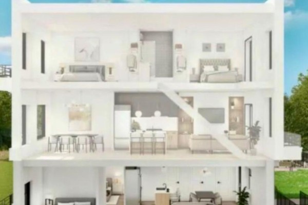 Cutaway view of a townhouse showing three levels with bedrooms, kitchen, dining, and living areas. - 9 - 726 Front Royal Street, Mississauga