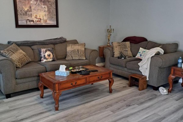 Living room with grey walls and two sofas. A wooden coffee table sits in the center of the room. - 9 Bond Street, Strathroy Caradoc