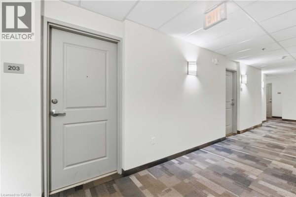 Apartment hallway with light gray walls, beige and grey patterned carpet, and two doors. - 90 Charlton Avenue W Unit# 203, Hamilton