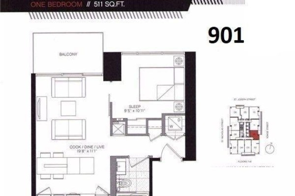 Floor plan for a 511 sq. ft. one-bedroom condo with living, dining, kitchen, bedroom, and balcony areas. - 901 - 5 St Joseph Street, Toronto