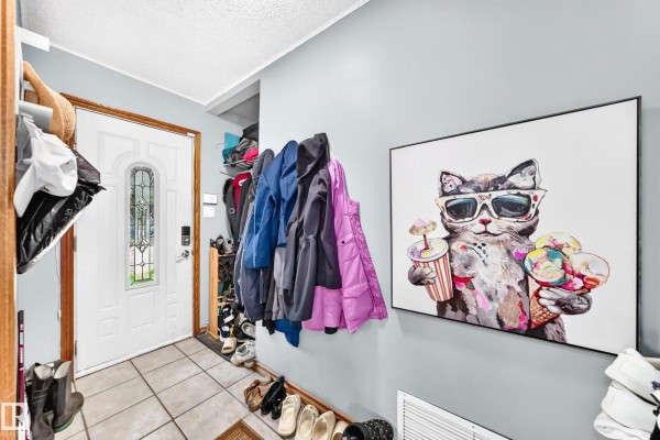Entryway with light blue walls, white door, coat rack, shoe storage, and a large cat artwork. - 9031 150 St Nw, Edmonton
