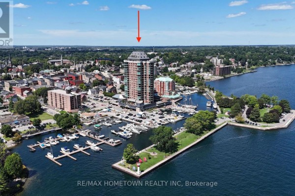 Aerial view of Tall Ships Landing building complex and waterfront marina. - 904 - 15 St Andrew Street, Brockville
