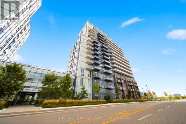 Exterior view of a modern condo building with balconies and glass walkway, daytime. - 907 - 10 Honeycrisp Crescent, Vaughan