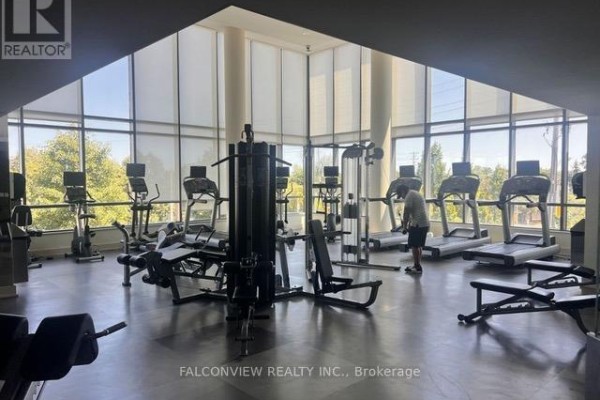 Well-equipped gym with cardio machines, weight machines, and large windows. - 908 - 215 Sherway Gardens Road, Toronto
