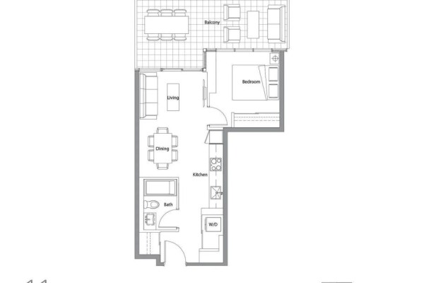 Floor plan showing a one-bedroom apartment with a living room, dining area, kitchen, bath, and balcony. - 911 - 25 Mcmahon Drive, Toronto