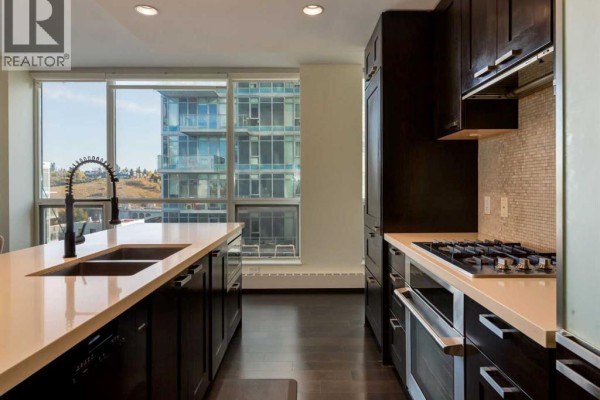 Kitchen detail featuring dark wood cabinets, stainless steel appliances, and a marble backsplash. - 913, 222 Riverfront Avenue Sw, Calgary