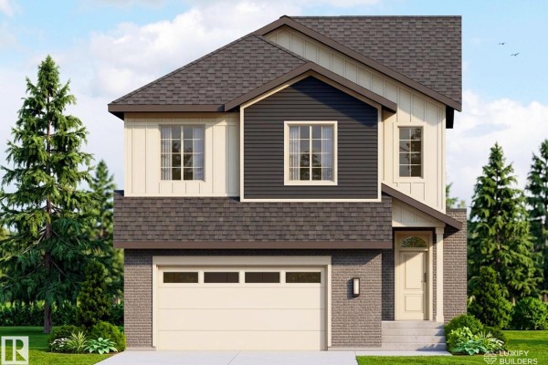 Front exterior of a modern two-story house at dusk with a dark grey roof, beige siding, dark grey accent siding, and brick lower level. - 9142 104 St, Morinville