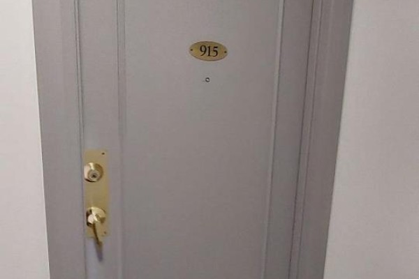 Apartment door with a brass handle and the unit number 915. - 915 - 650 Lawrence Avenue W, Toronto