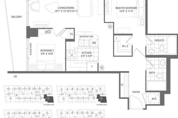 Floor plan shows a two-bedroom unit with an open living area and balcony. - 919 - 4955 Yonge Street, Toronto