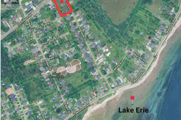 Aerial view of 92 Adelaide Street property location showing surrounding neighbourhood and Lake Erie. - 92 Adelaide Street, Fort Erie