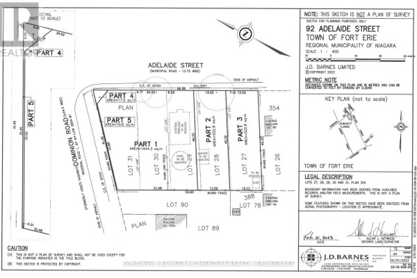 Survey sketch shows five proposed residential lots on Adelaide Street, with lot dimensions. - 92 Adelaide Street, Fort Erie