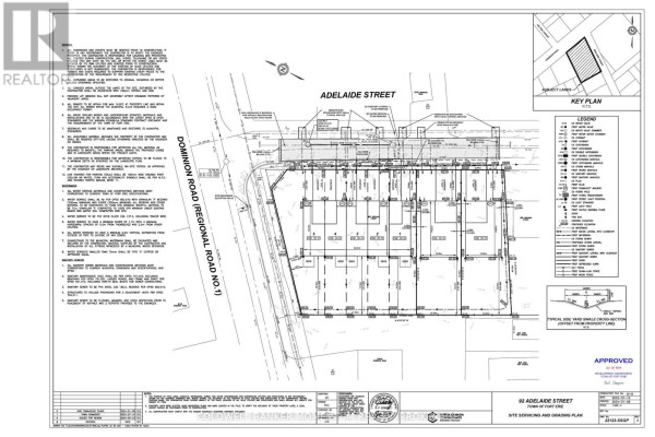 Site servicing and grading plan for proposed townhouses on Adelaide Street, with utilities shown. - 92 Adelaide Street, Fort Erie