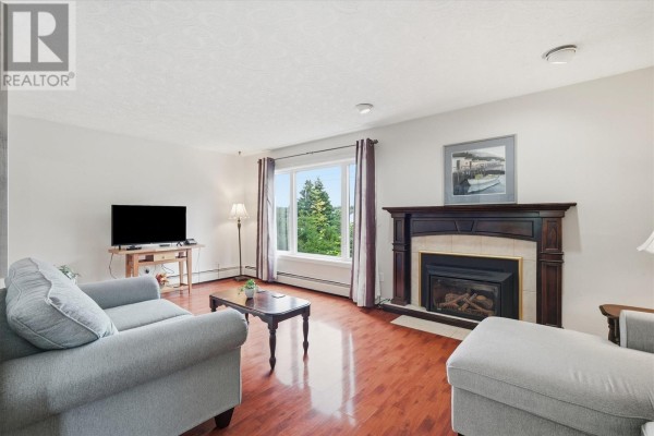 Living room with light beige walls, hardwood floors, window overlooking trees, and a gas fireplace. - 92 Quigleys Lane, Torbay