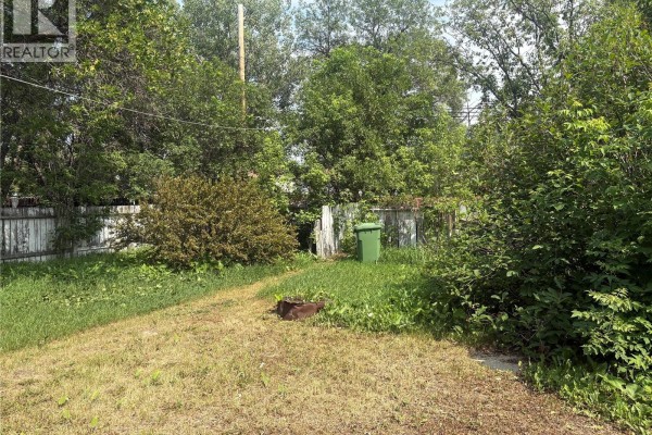 Backyard view with green grass, trees, a white wooden fence, and a green garbage bin. - 921 Argyle Street, Regina