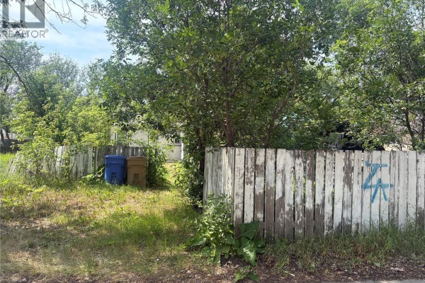 Side view of a weathered, white wooden fence with blue graffiti and some overgrown vegetation. - 921 Argyle Street, Regina