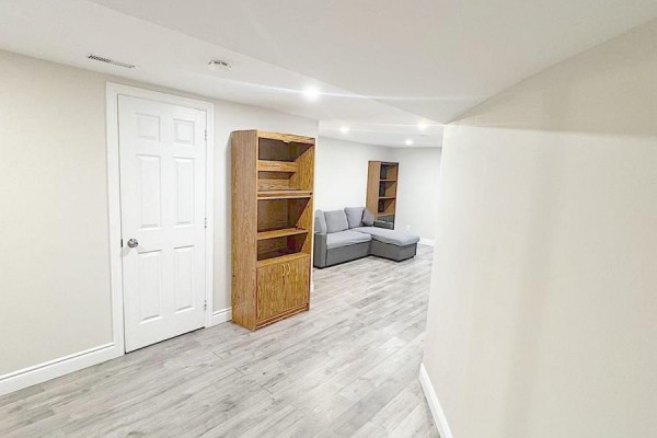 A hallway in a finished basement with light wood-look vinyl flooring, white doors, and wooden bookshelves. - 925 Byron Street N, Whitby