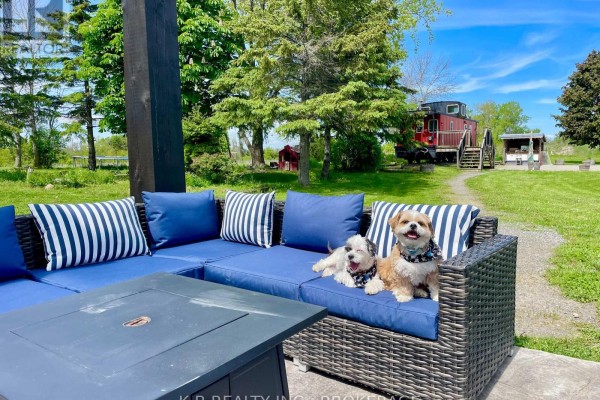 Outdoor sectional sofa with dogs and fire pit, plus a red caboose - 9261 Loyalist Parkway Greater Napanee