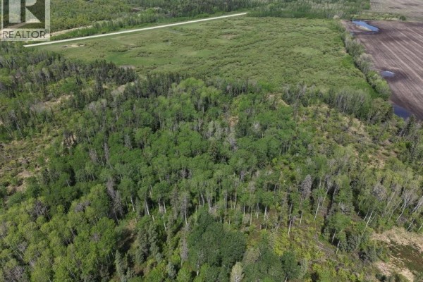 Aerial view of rural land with Highway 9 on the left, dense trees, and green fields on the right. - 93 Acres Hwy#9 South, Hudson Bay Rm No  394