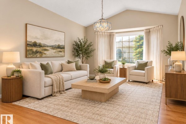 Living room with light beige walls, a bay window, and polished hardwood floors. - 933 Youville Dr W Nw, Edmonton