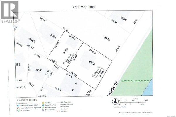 Property map showing lot lines, dimensions, and surrounding properties at 9368 Lochside Dr, Sidney. - 9368 Lochside Dr, Sidney