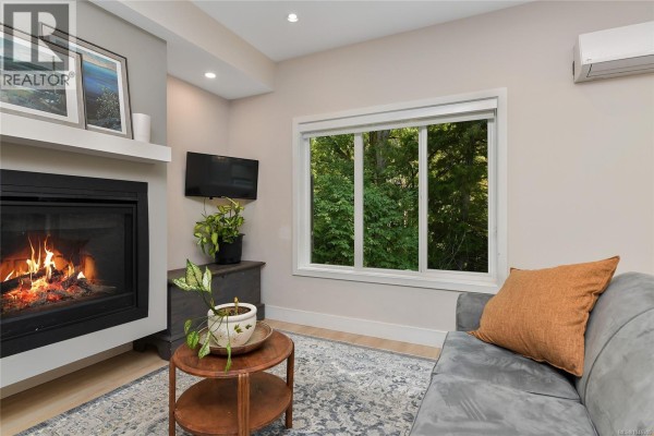 Close-up of living room fireplace, grey couch, and window with lush green trees outside. - 937 Echo Valley Pl, Langford