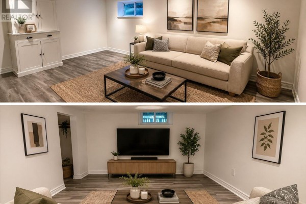 Living room with a beige sofa, dark wood coffee table, and wood-look flooring. - 94 Wright Street, Richmond Hill