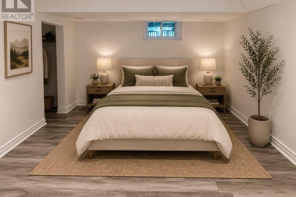 Bedroom with a king-size bed, neutral bedding, nightstands, and wood-look flooring. - 94 Wright Street, Richmond Hill