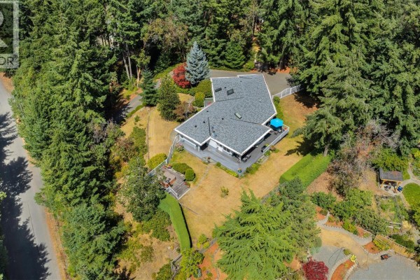 Aerial view of a sprawling house nestled amongst dense green trees with a paved driveway and circular entrance. - 949 Pacific Pl, Duncan