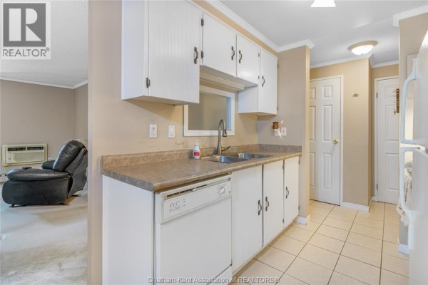 Kitchen view showing white cabinets, countertops, sink, and doorway to living room. - 955 Grand Avenue West Unit# 208, Chatham