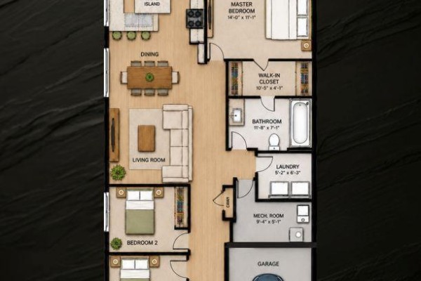 Floor plan showing an open-concept living, dining, and kitchen area with three bedrooms and two bathrooms. - 955 Katia Street, The Nation