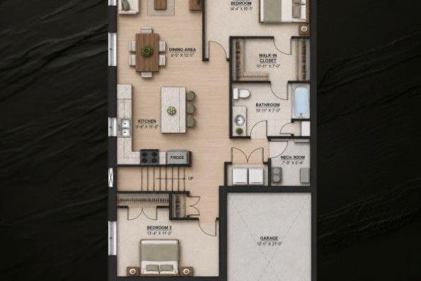 Detailed floor plan of a multi-family unit with a kitchen island, two bedrooms, master bedroom, and garage. - 955 Katia Street, The Nation