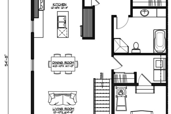 Floor plan showing a living room, dining room, kitchen, bathroom, and stairs. - 956 Katia Street, The Nation