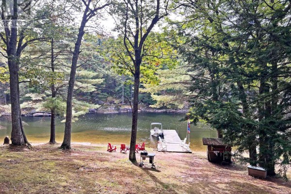 Lakeside view with a dock, chairs, and surrounding trees. - 96 Georgian Bay Wa Zone L, Carling