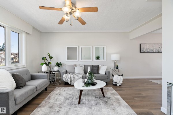 Living room with two grey sofas, a white coffee table, and wood flooring. - 9747 66 Av Nw, Edmonton