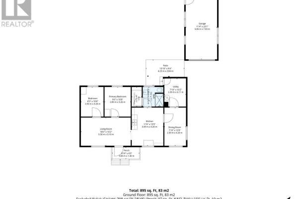 Floor plan with living room, kitchen, 2 bedrooms, patio, and garage - 977 County Rd 38 Trent Hills
