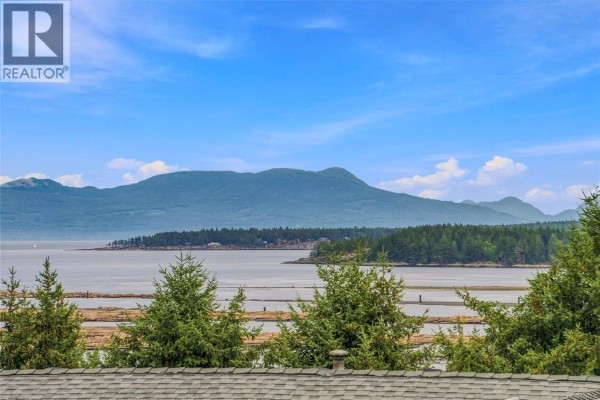 Wide water and mountain view with evergreen trees in the foreground and logs in the water. - 977 Highview Terr, Nanaimo