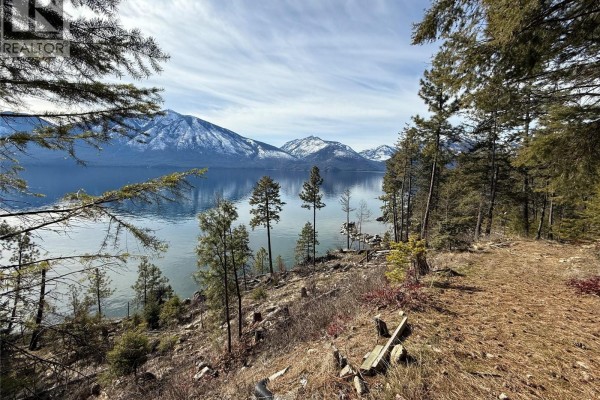 View of a calm lake and distant snow-covered mountains through pine trees. - 9779 3a Highway, Kuskanook