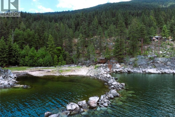 Aerial view of a shoreline with green water, rocky edges, and trees on a hillside. - 9779 3a Highway Unit# C, Kuskanook