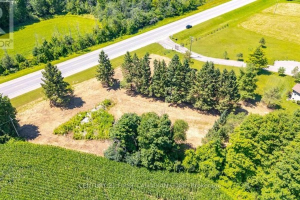 Overhead shot of rural land with a paved road, trees, a cornfield, and a large house. - 978 Highway 8 Highway, Hamilton