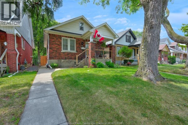 View of a red brick house from the sidewalk with a large tree in the foreground. - 987 Curry, Windsor